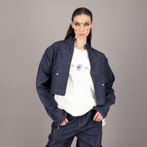 Veste cropped unisexe avec poches détachables en jeans Selvedge