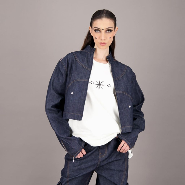 Veste cropped unisexe avec poches détachables en jeans Selvedge